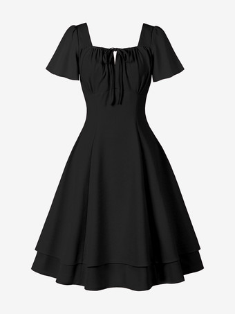 ブラック 2025年夏にぴったりのヴィンテージ スクエアネック ミディドレス（ブラック）