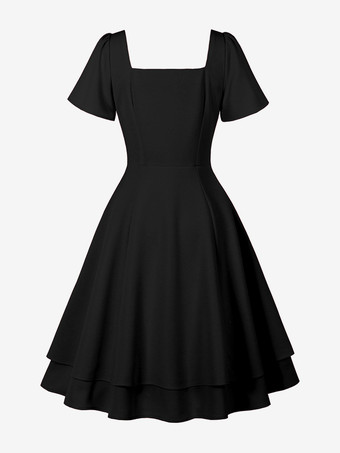 2025年夏にぴったりのヴィンテージ スクエアネック ミディドレス（ブラック）