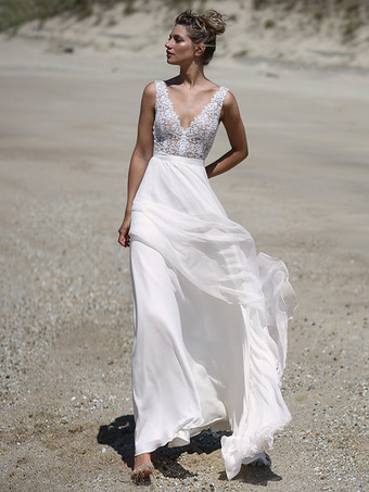 アイボリーボヘミアンウェディングドレス レース ボールガウン トレーン付き ナチュラルウエスト ジッパー ノースリーブ Vネック ホワイト