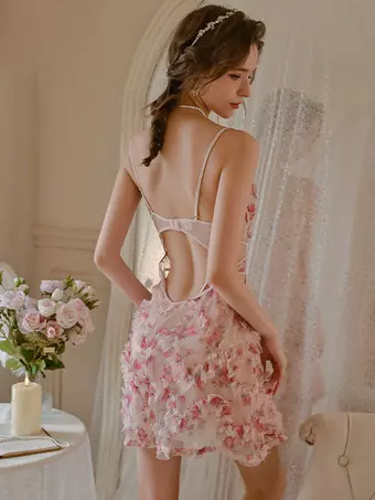 open lace back dress Sheer Mesh Floral Lace Slip Dress Thong Panty Lingerie Set Sugar Thrillz main image 1