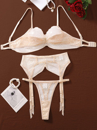 セクシーランジェリー 4ピース レース シャンパン ブラ パンティ セット