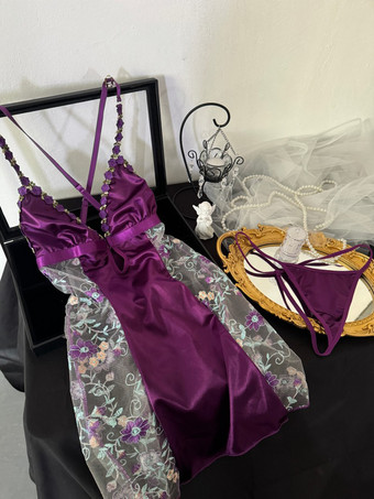 女性用ベビードール パープルレース 花柄 ポリエステル セクシー スリープウェア