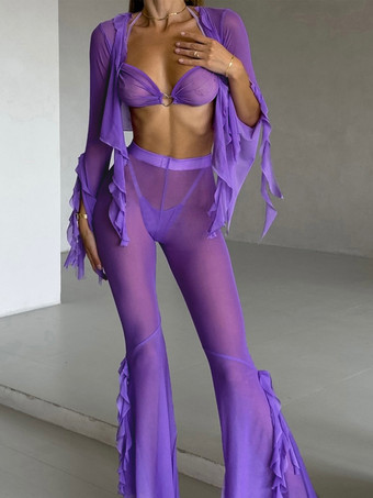 パジャマセット ブラック フリル 室内用 透け感 ポリエステル ランジェリー