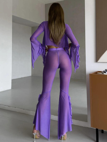 パジャマセット ブラック フリル 室内用 透け感 ポリエステル ランジェリー