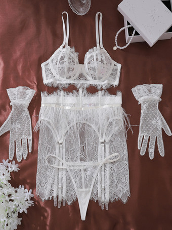 フェザーズ ブライダル ランジェリー セクシー ホワイト 4ピース 大人用 ブラ ショーツ セット