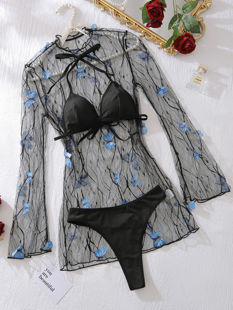 レースランジェリー セクシー ブラック 3ピース 大人用 ブラ＆パンティセット