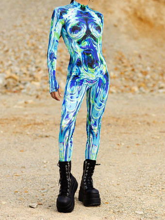 ライトスカイブルーパターニング全身タイツ ハロウィン 女性用セクシーボディスーツ 蝶柄 ハロウィン 大人用 ハイウエスト スポーツ ジャンプスーツ コスプレ衣装