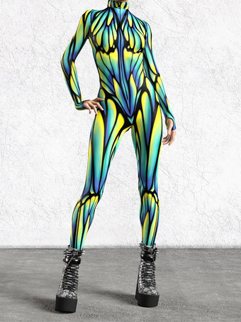 パターニング全身タイツ ハロウィン 女性用セクシーボディスーツ 蝶柄 ハロウィン 大人用 ハイウエスト スポーツ ジャンプスーツ コスプレ衣装