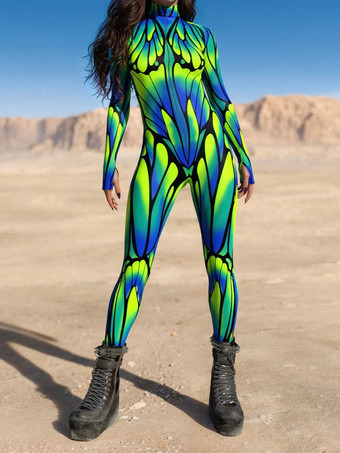 ライトグリーン パターニング全身タイツ ハロウィン 女性用セクシーボディスーツ 蝶柄 ハロウィン 大人用 ハイウエスト スポーツ ジャンプスーツ コスプレ衣装
