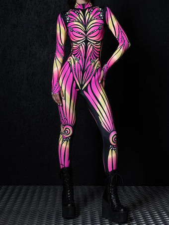 イエローパターニング全身タイツ ハロウィン 女性用セクシーボディスーツ カラーエレメント ハロウィン 大人用 ハイウエスト スポーツ ジャンプスーツ コスプレ衣装