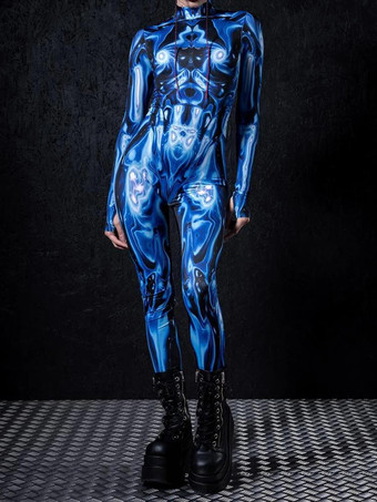 ブルー パターニング全身タイツ ハロウィン 女性用セクシーボディスーツ カラーエレメント ハロウィン 大人用 ハイウエスト スポーツ ジャンプスーツ コスプレ衣装