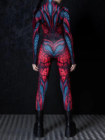 パターニング全身タイツ ハロウィン 女性用セクシーボディスーツ カラーエレメント ハロウィン 大人用 ハイウエスト スポーツ ジャンプスーツ コスプレ衣装