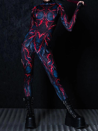 レッド パターニング全身タイツ ハロウィン 女性用セクシーボディスーツ カラーエレメント ハロウィン 大人用 ハイウエスト スポーツ ジャンプスーツ コスプレ衣装