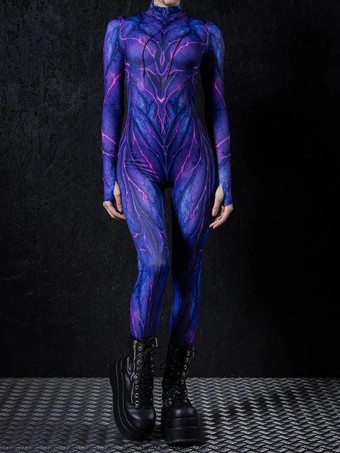 パープル パターニング全身タイツ ハロウィン 女性用セクシーボディスーツ カラーエレメント ハロウィン 大人用 ハイウエスト スポーツ ジャンプスーツ コスプレ衣装