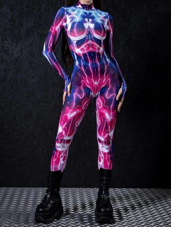 ローズレッドパターニング全身タイツ ハロウィン 女性用セクシーボディスーツ カラーエレメント ハロウィン 大人用 ハイウエスト スポーツ ジャンプスーツ コスプレ衣装