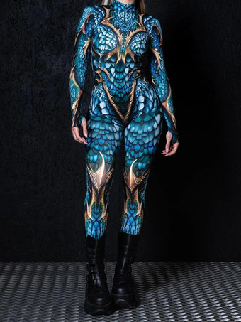 ライトスカイブルーパターニング全身タイツ ハロウィン 女性用セクシーボディスーツ カラーエレメント ハロウィン 大人用 ハイウエスト スポーツ ジャンプスーツ コスプレ衣装