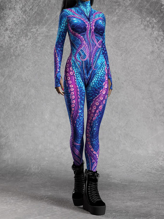 ブルー パターニング全身タイツ ハロウィン 女性用ジャンプスーツ、ボディスーツ、パンク、ヒョンカラー、全身タイツ、キャットスーツ