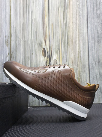 メンズスニーカー 快適なレザーポインテッドトゥ 滑り止めレースアップランニングシューズ