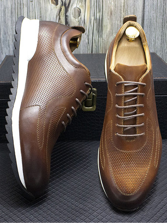 メンズスニーカー 快適なレザーポインテッドトゥ 滑り止めレースアップランニングシューズ