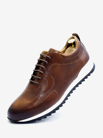 ブラウン メンズスニーカー 快適なレザーポインテッドトゥ 滑り止めレースアップランニングシューズ