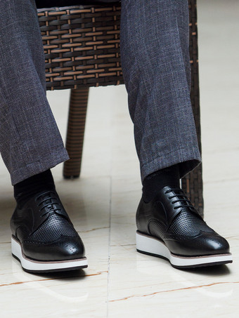 メンズドレスシューズ 編み込みレザーダービーシューズ ポインテッドトゥ ローカット ブローグシューズ