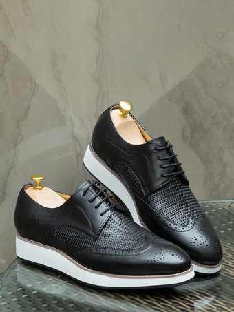 メンズドレスシューズ 編み込みレザーダービーシューズ ポインテッドトゥ ローカット ブローグシューズ