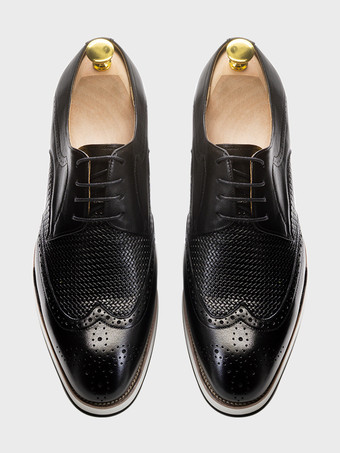 メンズドレスシューズ 編み込みレザーダービーシューズ ポインテッドトゥ ローカット ブローグシューズ