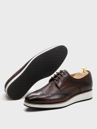 メンズドレスシューズ 編み込みレザーダービーシューズ ポインテッドトゥ ローカット ブローグシューズ