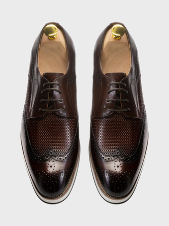 メンズドレスシューズ 編み込みレザーダービーシューズ ポインテッドトゥ ローカット ブローグシューズ