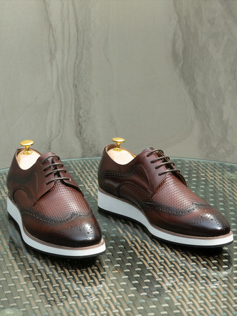 メンズドレスシューズ 編み込みレザーダービーシューズ ポインテッドトゥ ローカット ブローグシューズ