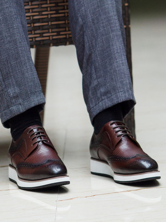 メンズドレスシューズ 編み込みレザーダービーシューズ ポインテッドトゥ ローカット ブローグシューズ
