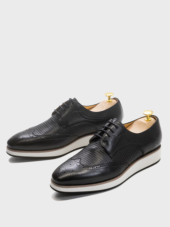 ブラック メンズドレスシューズ 編み込みレザーダービーシューズ ポインテッドトゥ ローカット ブローグシューズ