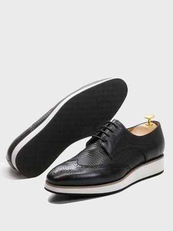 メンズドレスシューズ 編み込みレザーダービーシューズ ポインテッドトゥ ローカット ブローグシューズ