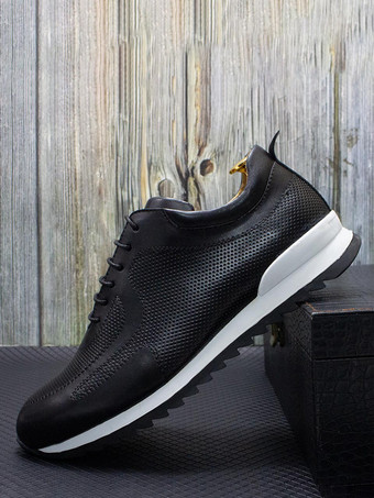 ブラック メンズスニーカー 快適なレザーポインテッドトゥ 滑り止めレースアップランニングシューズ