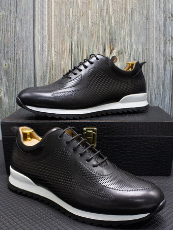 メンズスニーカー 快適なレザーポインテッドトゥ 滑り止めレースアップランニングシューズ