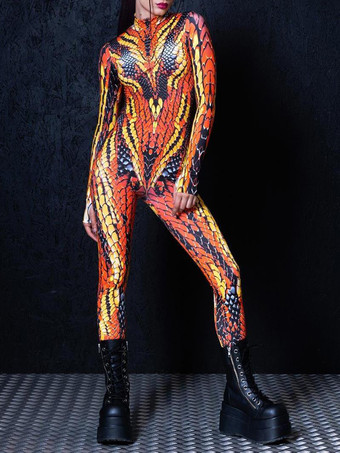 オレンジパターニング全身タイツ ハロウィン 女性用ジャンプスーツ、ボディスーツ、パンク、ヒョンカラー、全身タイツ、キャットスーツ