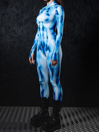 ライトスカイブルーパターニング全身タイツ ハロウィン 女性用ジャンプスーツ、ボディスーツ、パンク、ヒョンカラー、全身タイツ、キャットスーツ