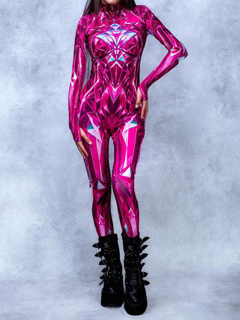 ローズレッドパターニング全身タイツ ハロウィン 女性用ジャンプスーツ、ボディスーツ、パンク、ヒョンカラー、全身タイツ、キャットスーツ