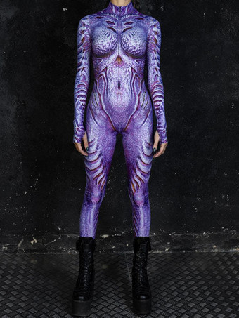 パープル パターニング全身タイツ ハロウィン 女性用ジャンプスーツ、ボディスーツ、パンク、ヒョンカラー、全身タイツ、キャットスーツ
