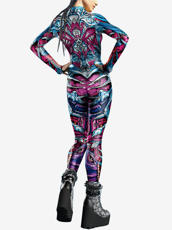 パターニング全身タイツ ハロウィン 女性用ジャンプスーツ カラーエレメント ブルー マッスル ハロウィン ボディスーツ 大人用 ハイウエスト コスプレ衣装 セクシースーツ