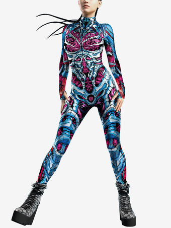 パターニング全身タイツ ハロウィン 女性用ジャンプスーツ カラーエレメント ブルー マッスル ハロウィン ボディスーツ 大人用 ハイウエスト コスプレ衣装 セクシースーツ