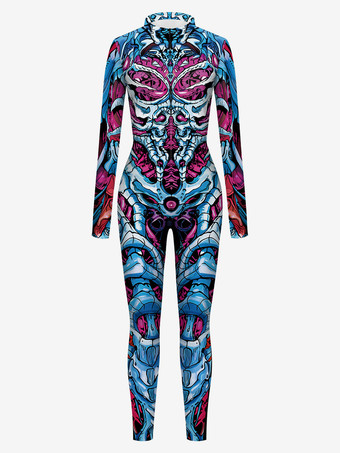 パターニング全身タイツ ハロウィン 女性用ジャンプスーツ カラーエレメント ブルー マッスル ハロウィン ボディスーツ 大人用 ハイウエスト コスプレ衣装 セクシースーツ