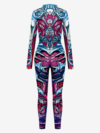 パターニング全身タイツ ハロウィン 女性用ジャンプスーツ カラーエレメント ブルー マッスル ハロウィン ボディスーツ 大人用 ハイウエスト コスプレ衣装 セクシースーツ