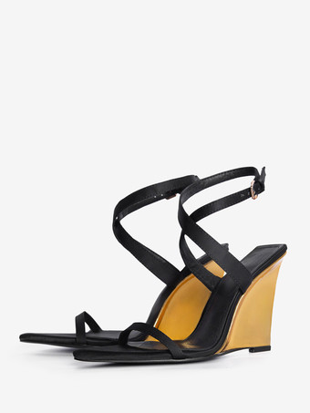 ブラック ブラックウェッジヒール レディース オープントゥ クリスクロスサンダル シューズ