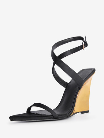 ブラックウェッジヒール レディース オープントゥ クリスクロスサンダル シューズ