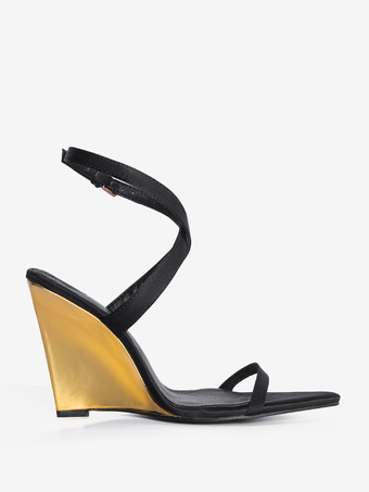 ブラックウェッジヒール レディース オープントゥ クリスクロスサンダル シューズ