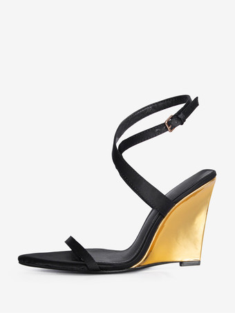 ブラックウェッジヒール レディース オープントゥ クリスクロスサンダル シューズ