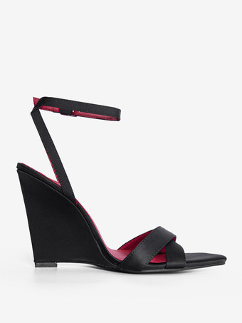 サテンウェッジサンダル オープントゥ クリスクロスサンダル レディース