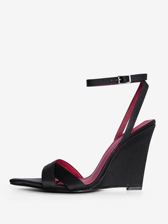 サテンウェッジサンダル オープントゥ クリスクロスサンダル レディース