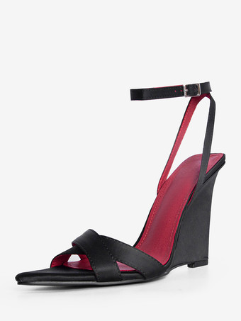 サテンウェッジサンダル オープントゥ クリスクロスサンダル レディース